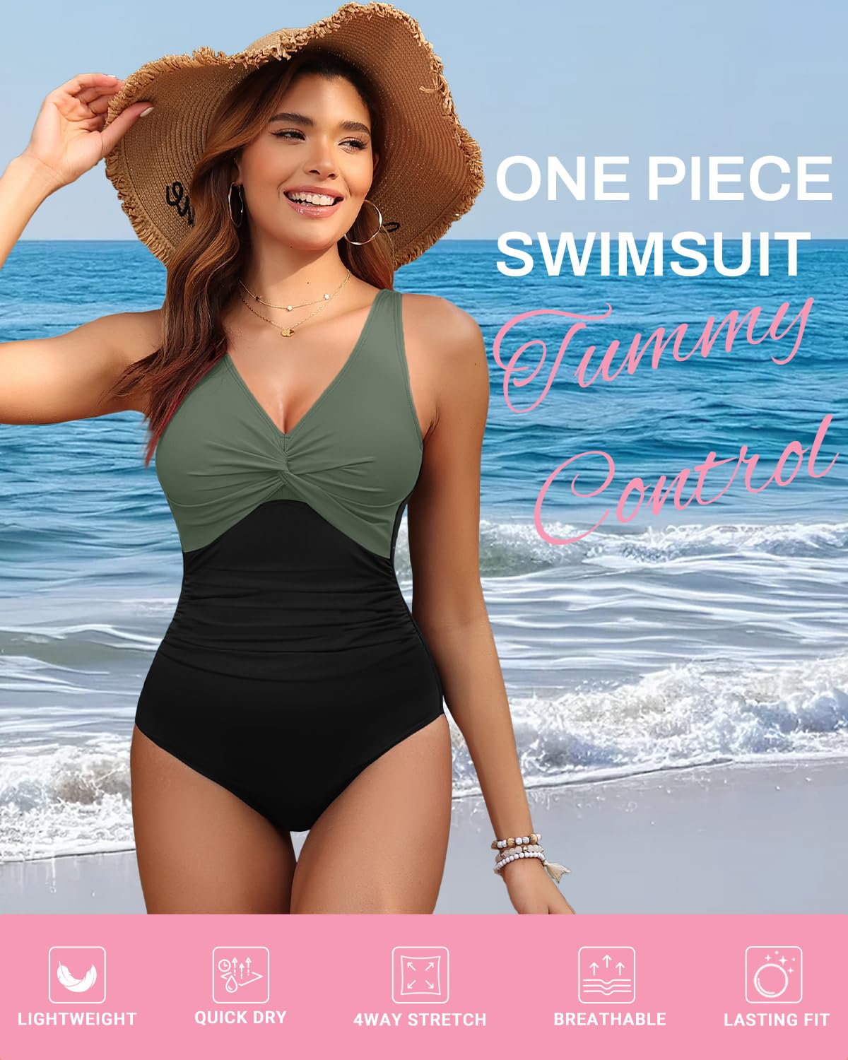 Holipick Green and Black Women Tummy Control One Piece Swimsuit - Push Up Bathing Suit Full Coverage Slimming Swimwear 20 Plus (US 20W)