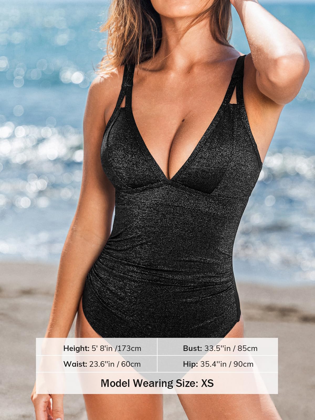 CUPSHE Women's Tummy Control One Piece Swimsuit V Neck Shimmer Bathing Suit, M Black