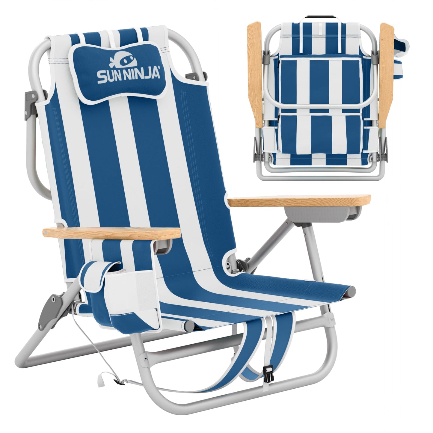 SUN NINJA Beach Chair – Folding Chair for Beach with 5 Reclining Positions, Cup & Phone Holder, Insulated Back Storage Pouch, Portable Lightweight Aluminum Frame - Navy Stripes 1pc