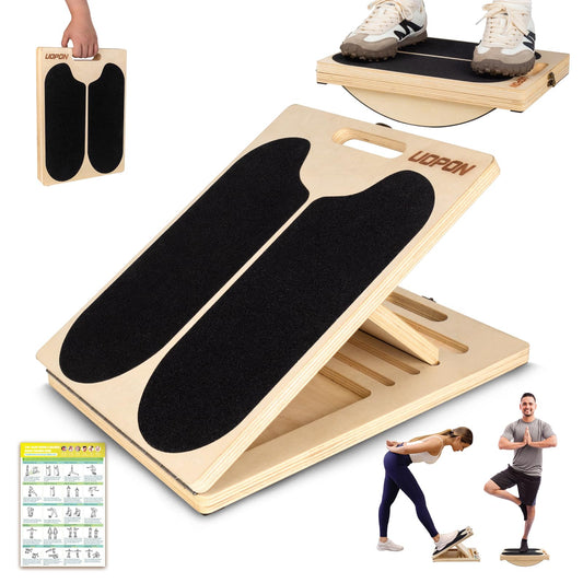 2-in-1 Wooden Slant Board & Balance Board, Portable 6 Angle Adjustable Calf Stretch Board with Training Poster, 300lb Weight Capacity Calf Ankle Stretcher for Physical Therapy, Squat & Core Strength