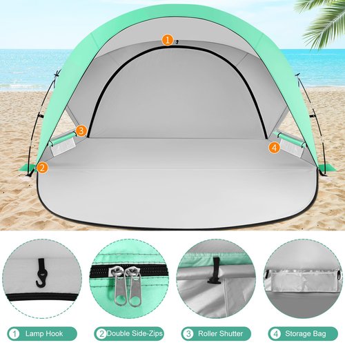 Beach Tent Sun Shelter 2-4 Person Easy Setup Canopy with UPF50+ UV Protection with 2 Zipper Doors（GN