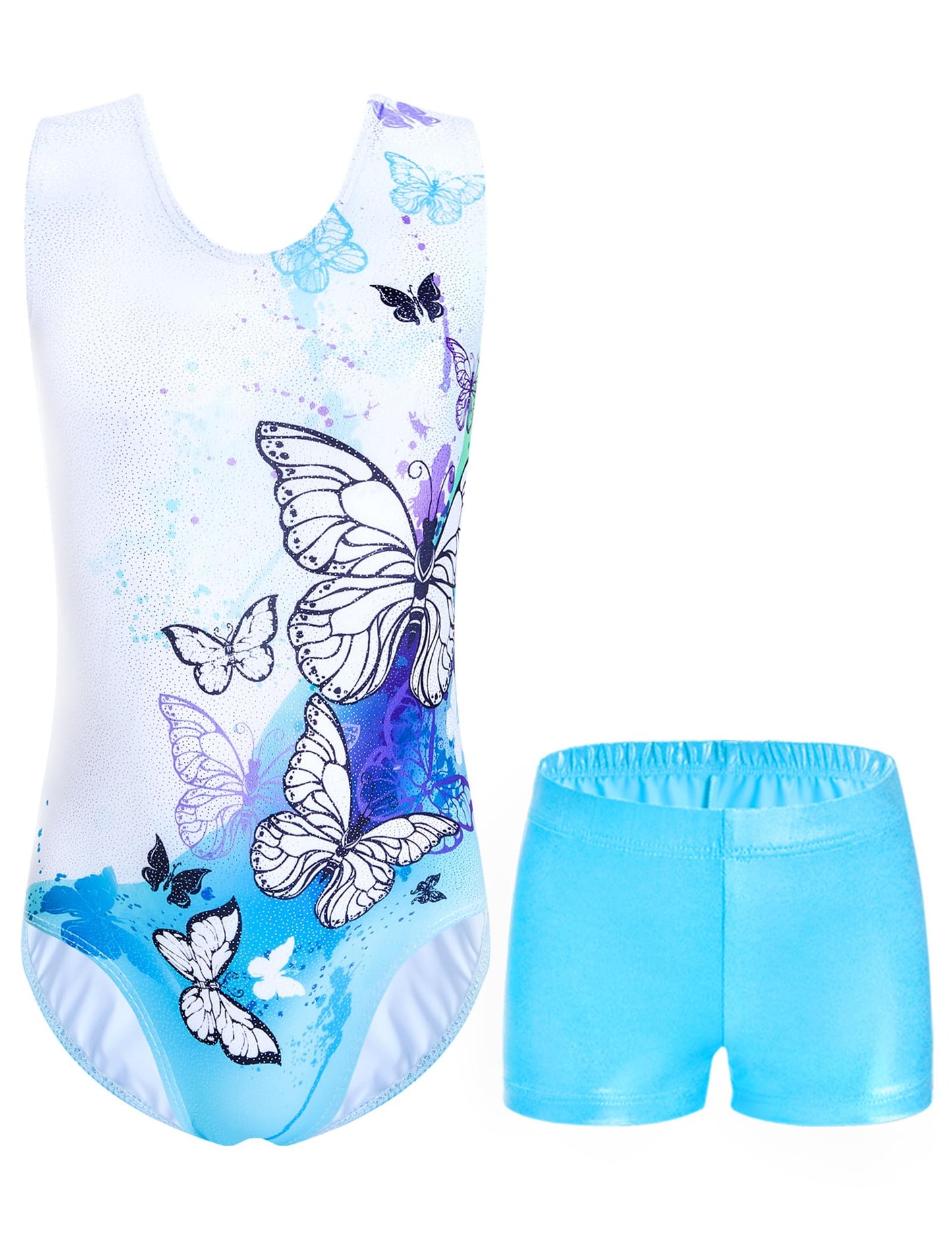 Domusgo Girls Leotards for Gymnastics Size 8-9 Years Old Set with Matching Shorts Glitter Blue Butterfly Tank