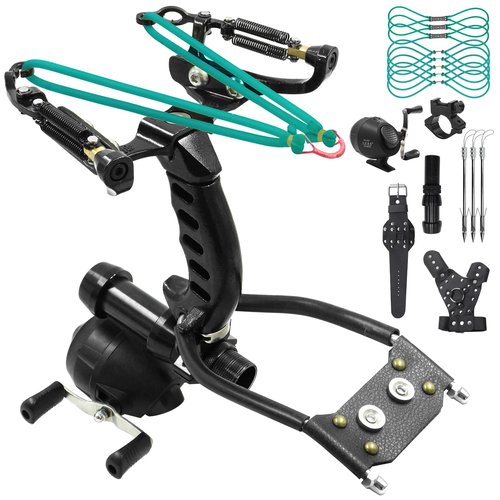 Slingshot Fishing Kit with Reel Wrist Support Fishing Slingshot Set with 3pcs Fishing Darts and 8 Pcs Rubber Bands Hunting Slingshot for Fishing
