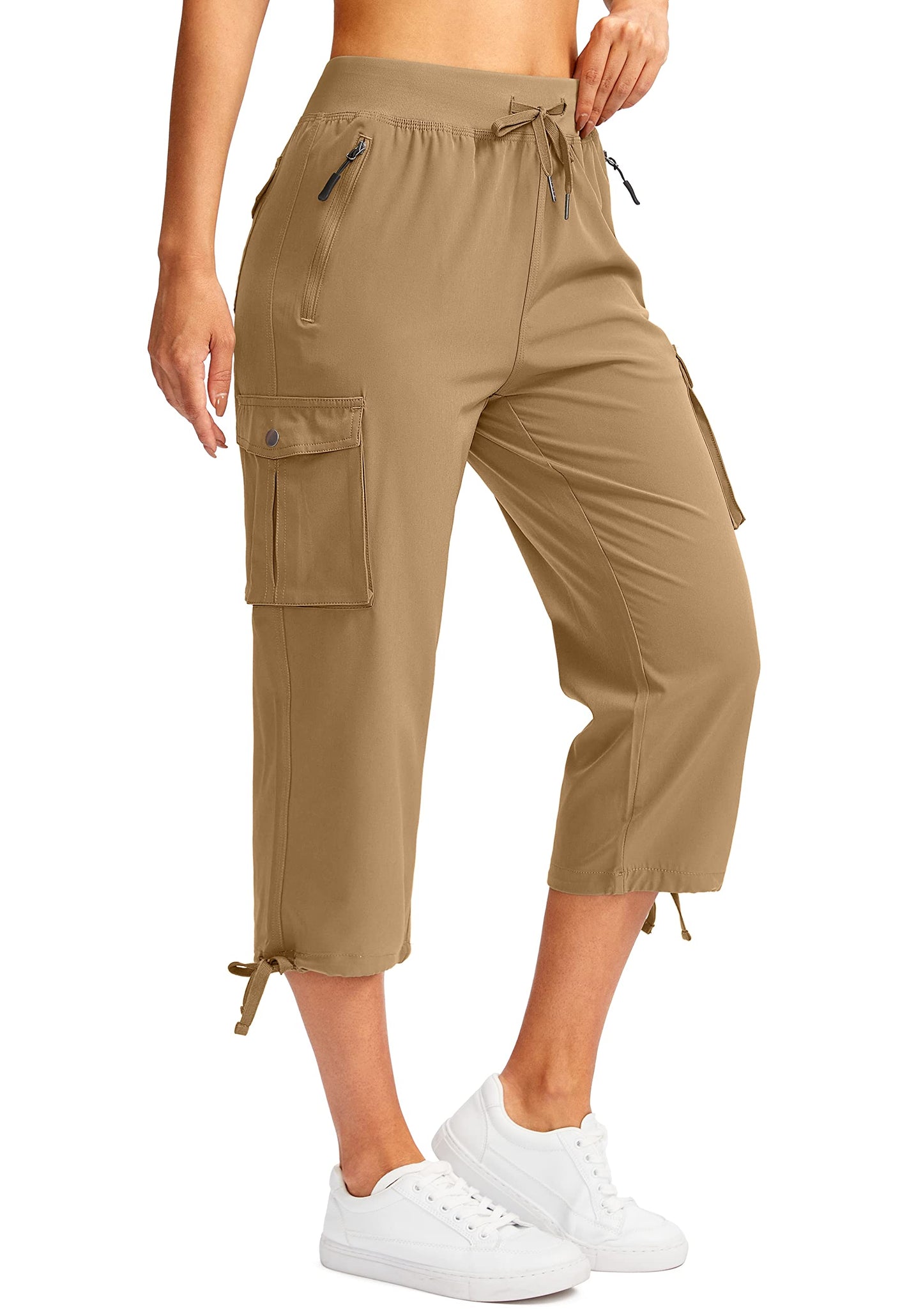 Soothfeel Women's Cargo Capris Pants with 6 Pockets Lightweight Quick Dry Travel Hiking Summer Pants for Women Casual (Dark Khaki, XXL)