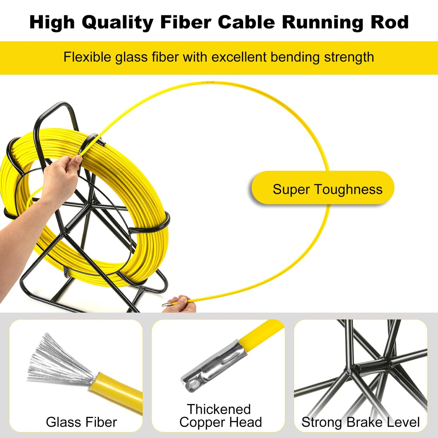 Non-Conductive Fiberglass Fish Tape Duct Rodder, 6mm x 200m (656ft) with Steel Reel Stand, Professional Cable Puller for Electrical Conduit and Wall Installation