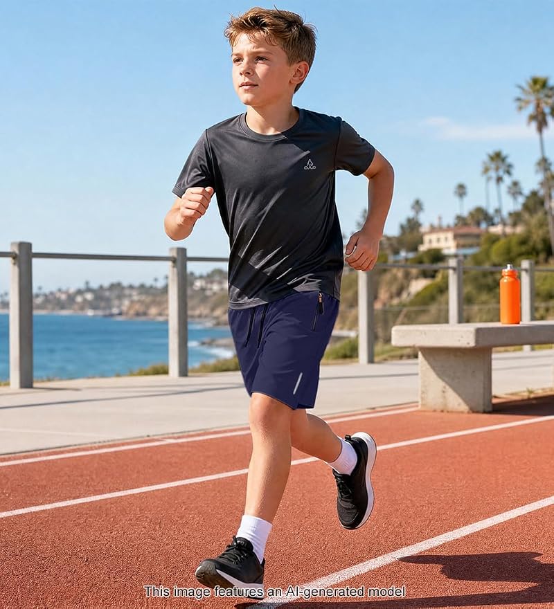 Quick-Dry Athletic Boys Shorts with Zipper Pockets - 13-14 Years (Dark Grey/Black/Navy)