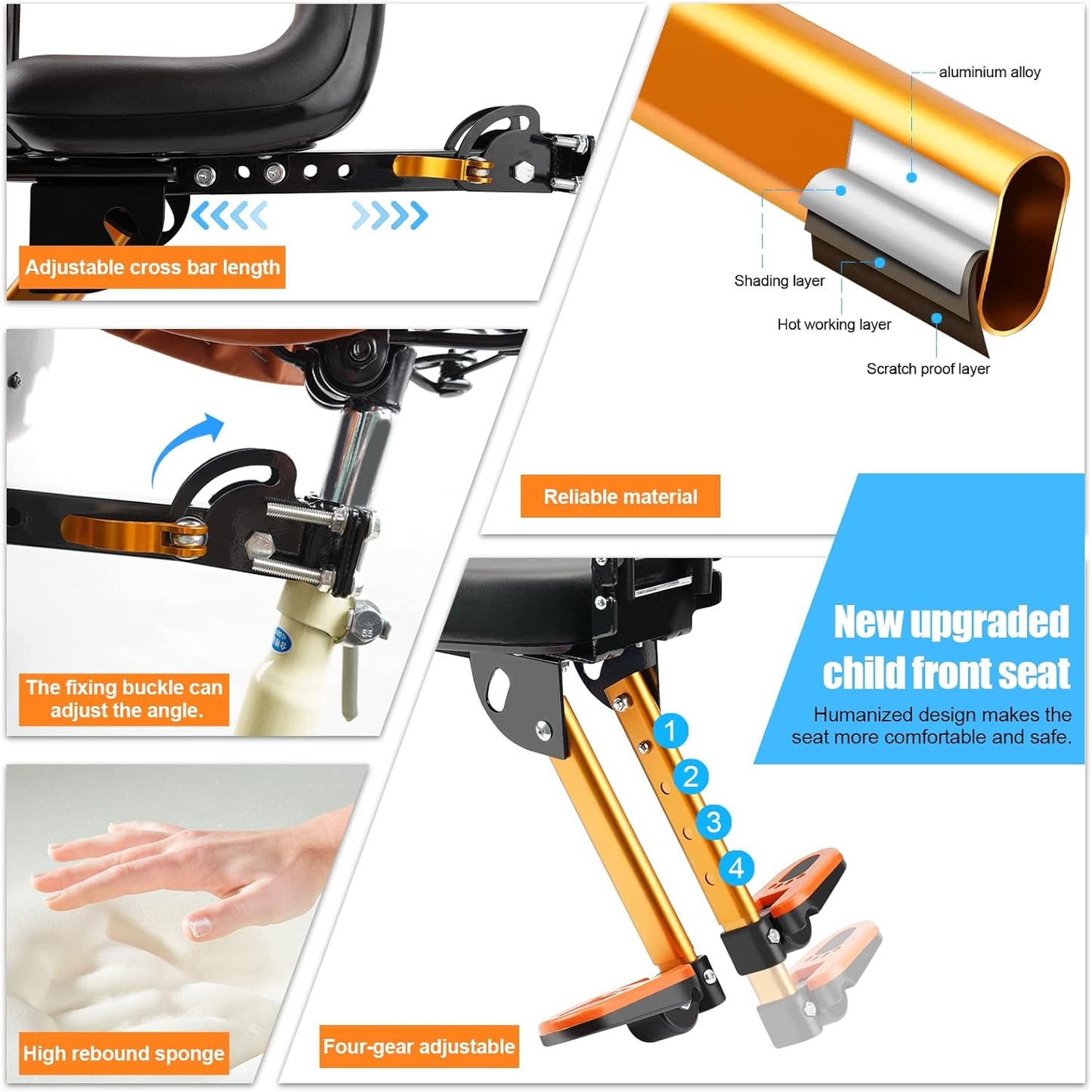 Kids Bike Seat with Handlebar Attachment, Detachable Front Mounted Child Bicycle Seats with Foot Pedals for Children 2~5 Years, Compatible with All Adult Mountain Bikes (Handle+Seat)