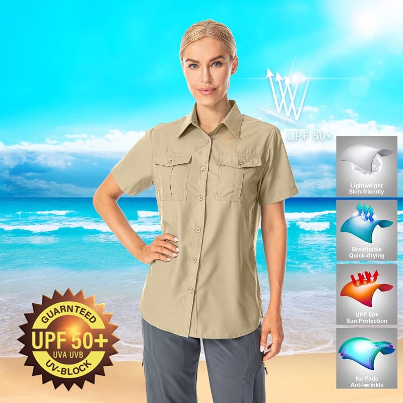 Women's UPF 50+ Quick Dry Button-Down Shirt with Short Sleeves Khaki Medium — Outdoor Sun Protection