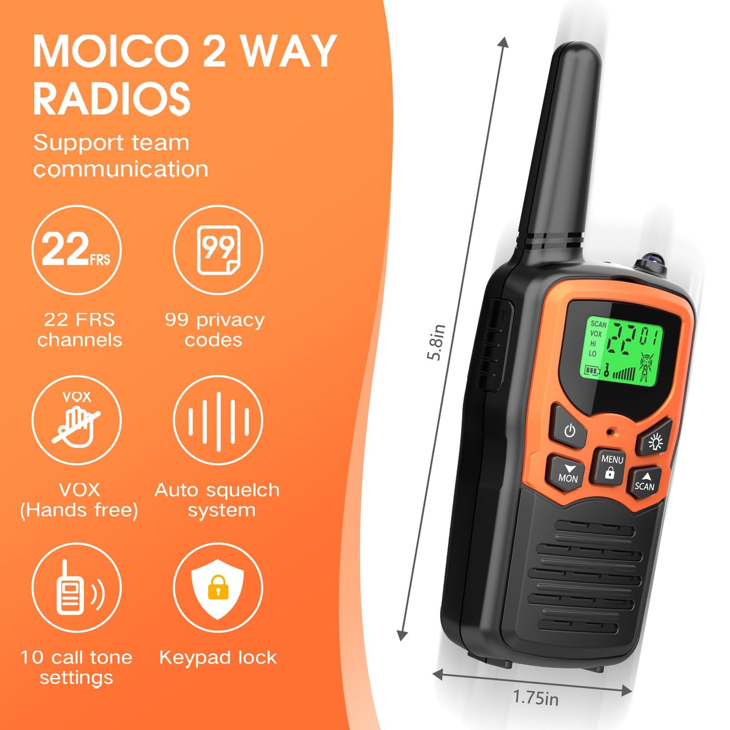 Walkie Talkies with 22 FRS Channels MOICO Walkie Talkies for Adults with LED Flashlight VOX Scan LCD Display, Long Range Family Radios for Hiking Camping Trip (Orange, 4 Pack)
