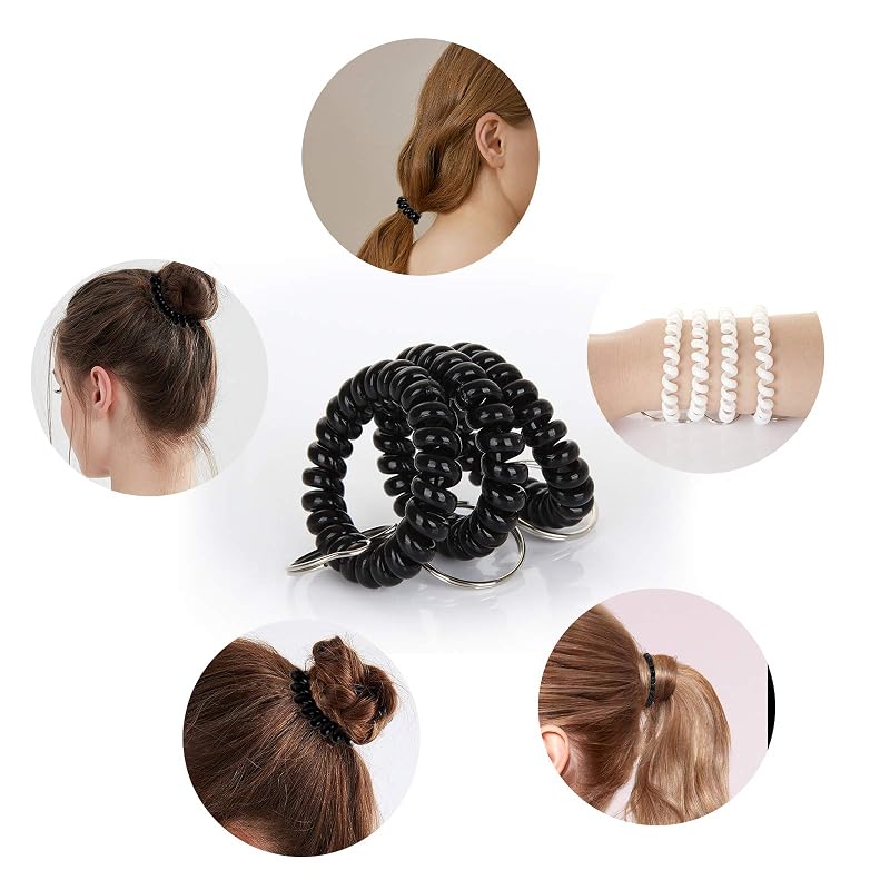 100 Pcs Spiral Wrist Coil Keychains, Plastic Hair Band & Key Ring Set – Black & White