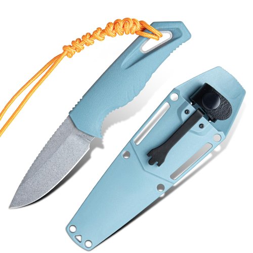 CeoNic Portable Fixed Blade Knife with Kydex Sheath, 2.6" D2 Blade EDC Outdoor Knife with Depth Blue Santoprene Handle (18050)
