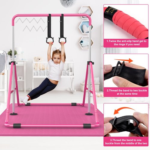 Gymnastic Bars for Kids with Adjustable Height, Folding Gymnastic Training Kip Bar, Junior Expandable Horizontal Monkey Bar for Home (Pink_Mat)
