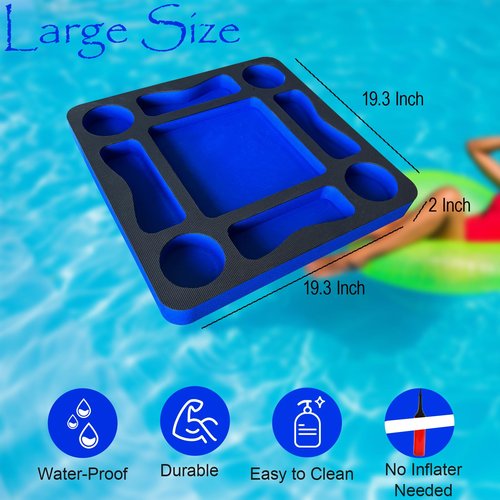 RAMIEYOO Floating Pool Games Table for Adults - All-in-One Drink Holder & Refreshment Station for Pool, Beach, Hot Tub,Waterproof Cards Included,Summer Party Essentials (Black-Blue, 19 * 19 Inch)