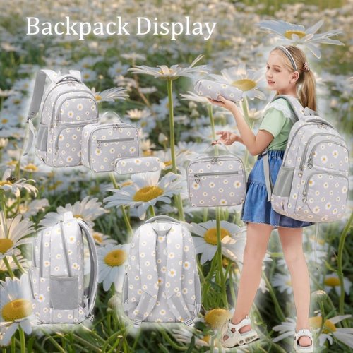 EKUIZAI 3Pcs Daisy Prints Backpack for Girls Bookbag set Primary School Daypack Elementary Students Knapsack with Lunch Box