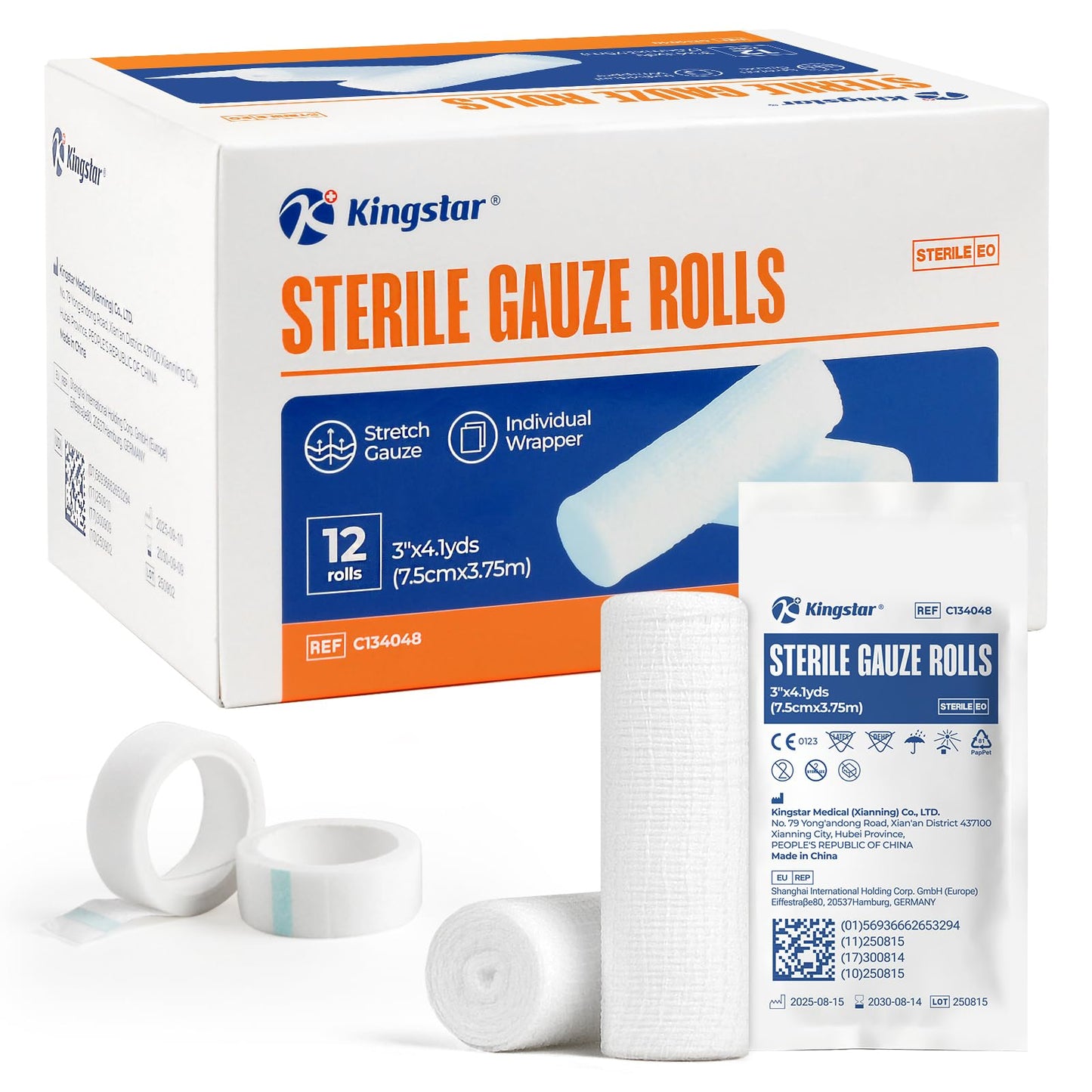 Sterile Gauze Rolls, 3in x 4.1 Yards, Conforming Stretch Gauze Bandage, Pack of 12, Firm Support for Dressings and Splints, Latex-Free First Aid Supplies Individually Wrapped with Bonus Tape