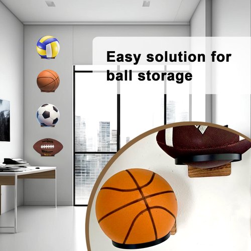TJWZXX 4 Pcs Wood & Metal Wall Mount Basketball Holder, Ball Storage Holders Display Rack, for Basketball, Soccer, Volleyball, Football, Rugby, Boys Room Decor