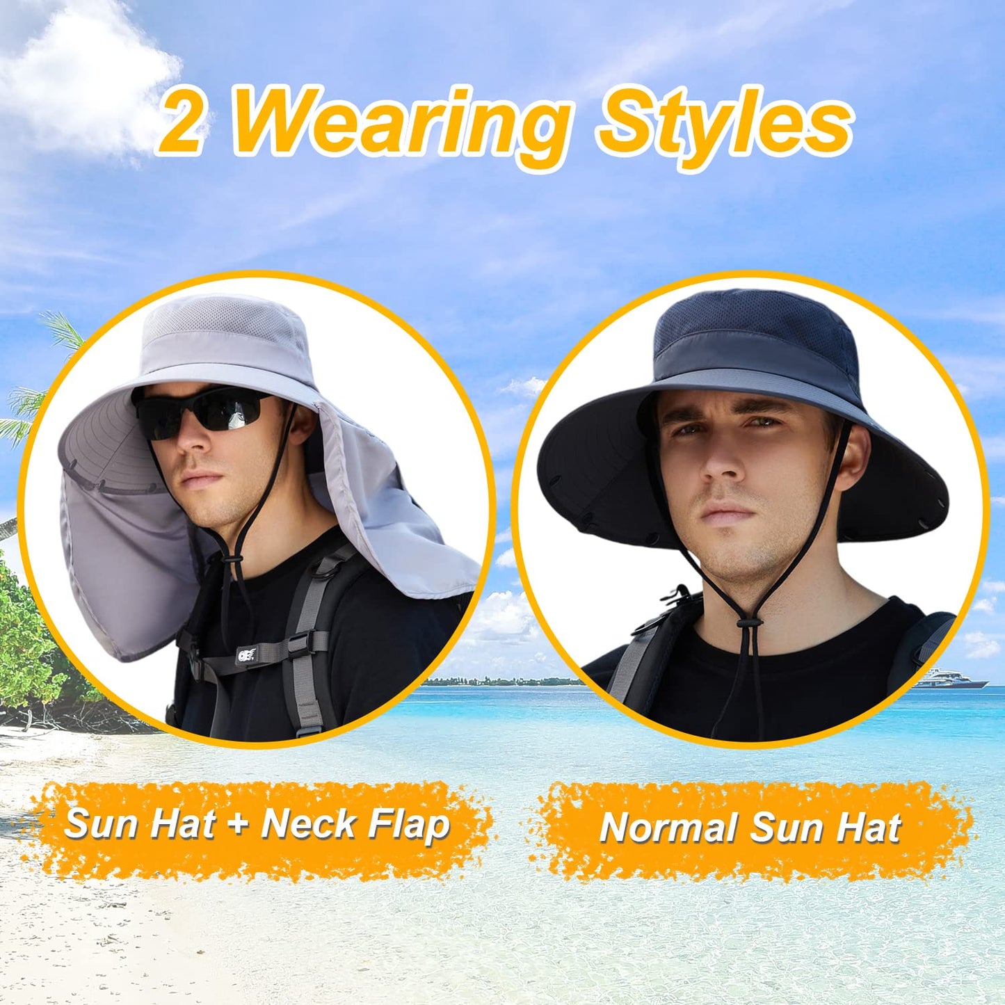 Outdoor Sun Hat for Men with Detachable Neck Flap Cover, Women UV Protection Wide Brim Hats for Safari Fishing Hiking Gardening Bg9215-lightgray