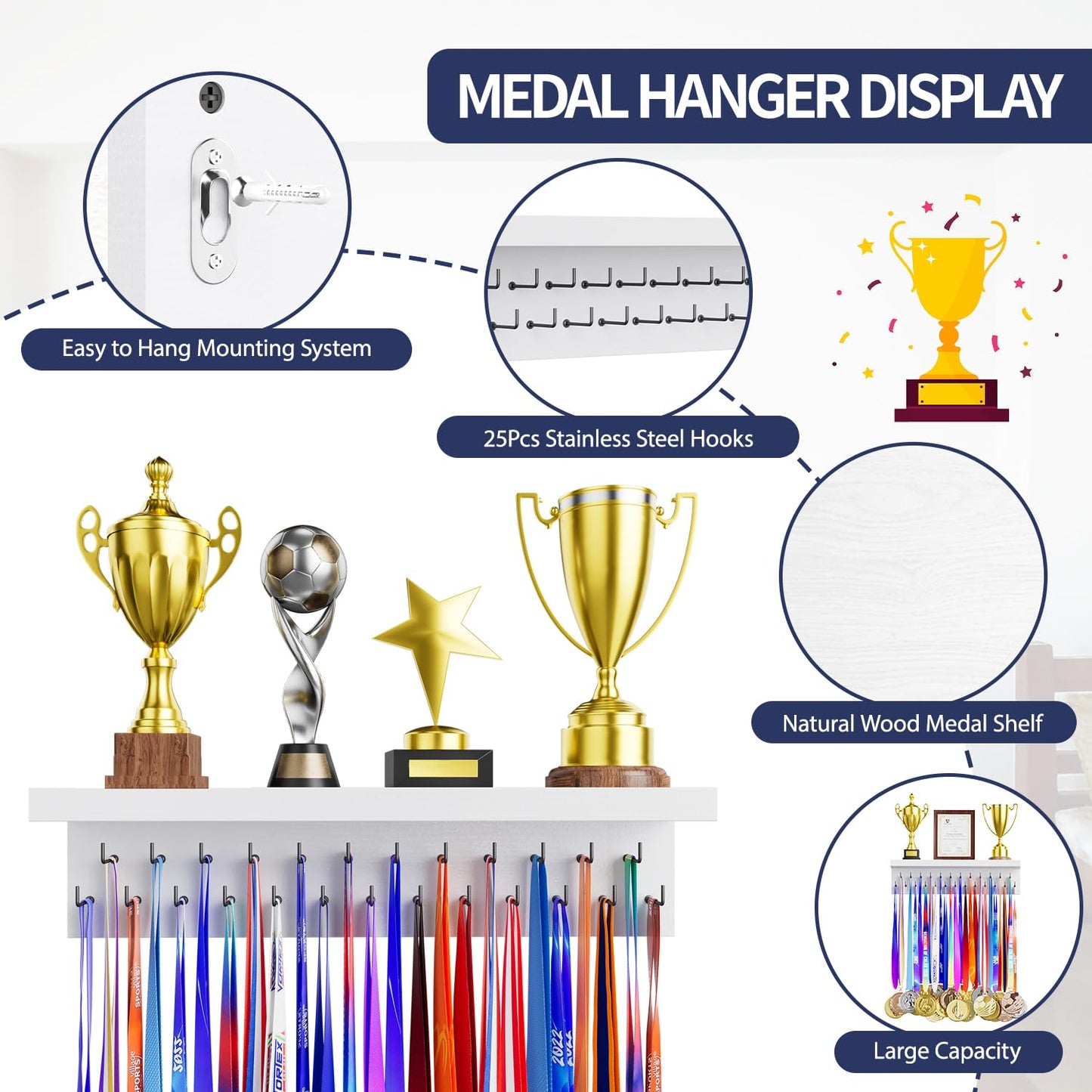 DSVENROLY Medal Holder Display Trophy Shelf Organizer, Sturdy Wooden Race Award Hanger Rack with 25 Steel Hooks, Wall Mount Storage Stand for Sports Fans, Cheer Success, White with Black Pegs