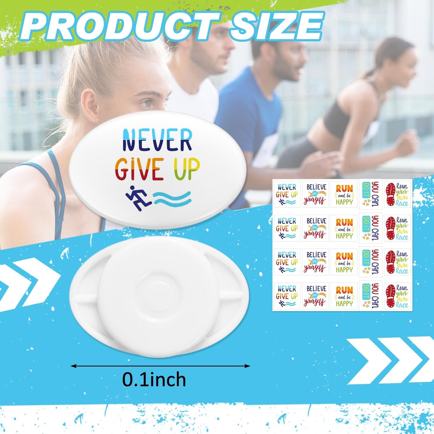 Gilprop 20 Pcs Running Bib Clips with 20 DIY Stickers Bib Snaps for Runners Number Buckle Fixing Safety Lock Race Clips Marathon Number Holder Triathlon Race Bib Holder for Field Event(Inspirational)