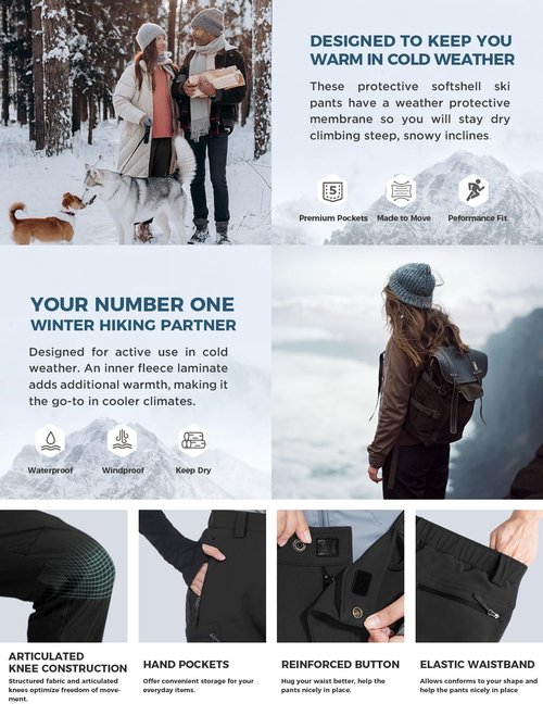 Wespornow Women's-Snow-Ski-Pants Fleece-Lined-Waterproof-Hiking-Pants Softshell Insulated Pants for Winter Outdoor Snowboard (Black, Medium)