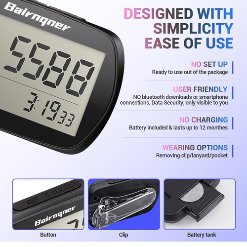 3D Pedometer for Walking Step Counter with Clock, Simple Operation Portable Steps Tracker with Clip Lanyard, Black