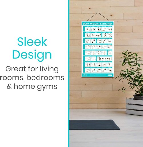 Vive Body Weight Exercise Poster - Workout for Home Gym Laminated Chart - Room Decor Accessories - HITT for Abs, Glute, Core, Legs, Arms, Back - No Equipment Needed