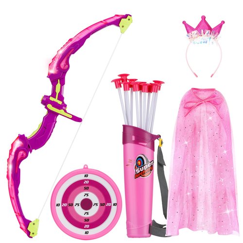 Bow and Arrow for Kids, LED Light Up Archery Set with Princess Cape and Crown, 10 Suction Cup Arrows, Target & Quivers, Outdoor Toy for Girls Aged 3-8, Birthday Gifts Toys for 4 5 6 7 8 Year Old