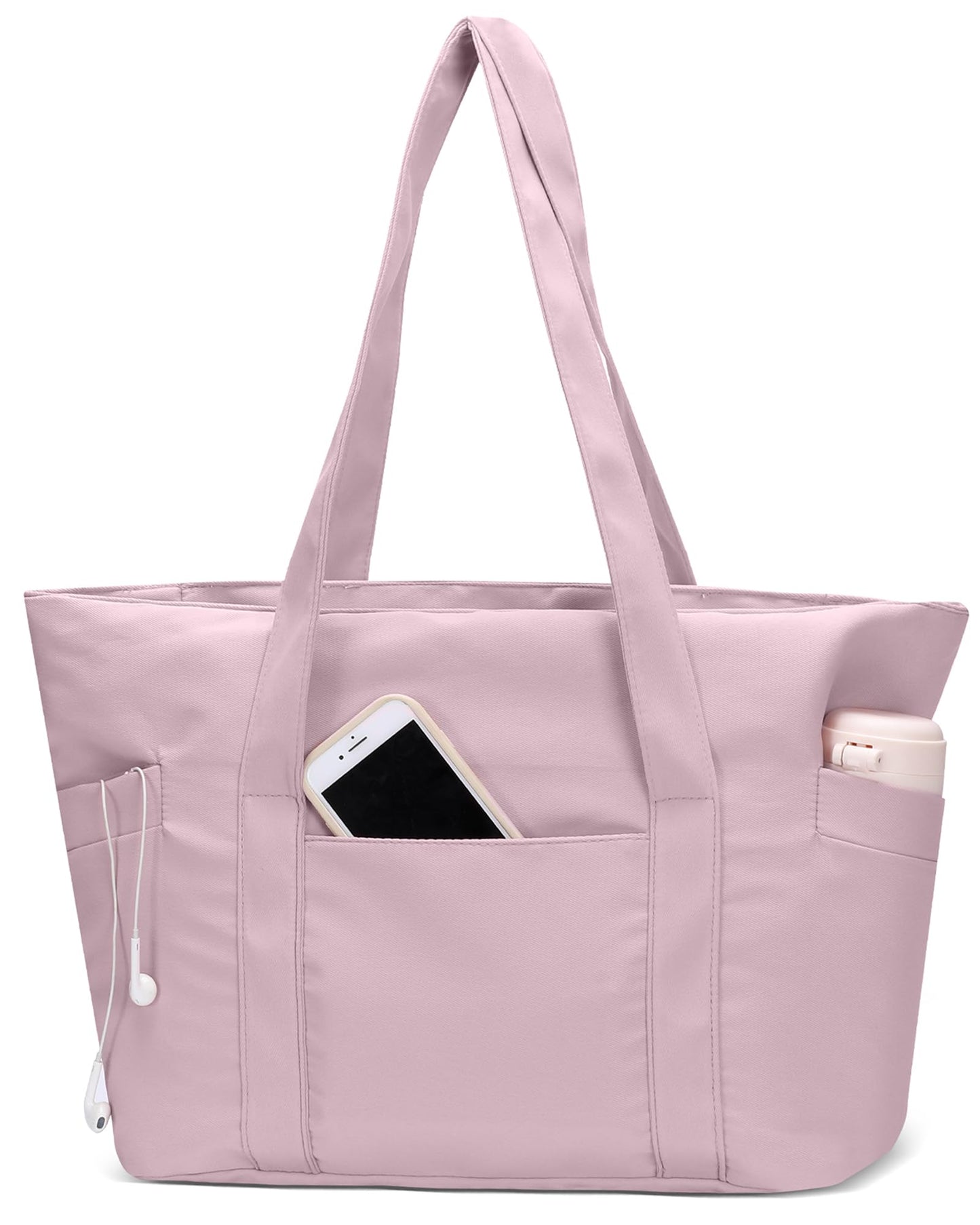 CTWWFS Large Tote Bag for Women with Zipper, Nylon Lightweight Work Tote with 15.6" Laptop Sleeve, Nurse Bag for Work College (Pink)