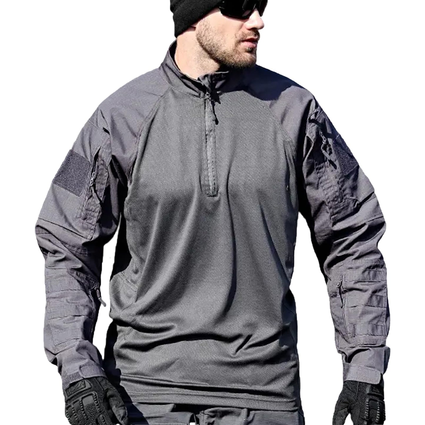 Men's Tactical Shirts Military Combat Shirt，1/4 Zipper Long Sleeve with Elbow Pads Top for Outdoor Paintball Airsoft Grey L
