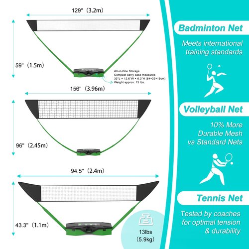 Portable Badminton Volleyball Tennis Net Set 3 in1 with1 Volleyball,2 Badminton Rackets,2 Tennis Rackets,1 Tennis Ball,8 Grip Tape,2 Shuttlecocks or Portable Storage Base,Backyard Beach Sports