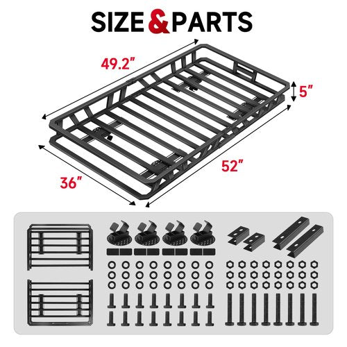 ROADGIVE 52"x36"x5" Roof Rack Cargo Carrier, Heavy-Duty Carbon Steel Rooftop Cargo Basket with 200 lb Capacity and Round Fastener for SUV, Truck, Car