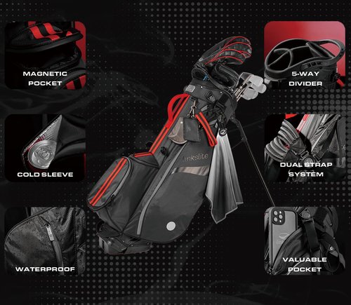 Linkslite, The Explorer Golf Stand Bag – Ultra Lightweight (4.5 lbs) 100% Waterproof 5-Way Top w/Full Dividers 6-Pockets (1 Magnetic) Dual Strap Free Golf Towel Black
