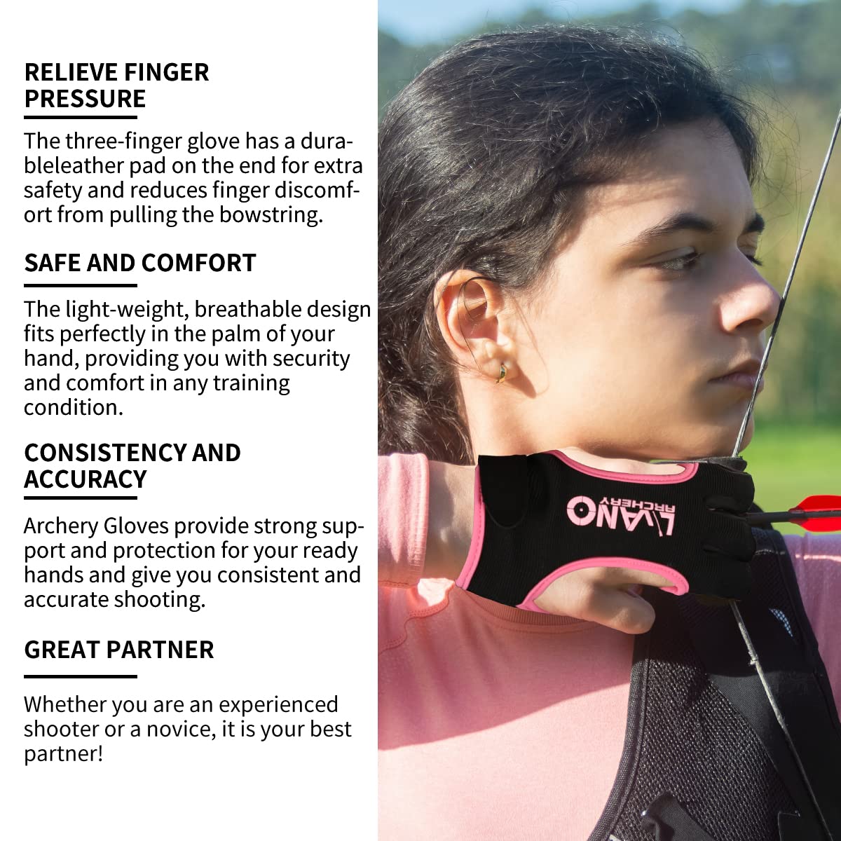 LWANO Archery Gloves Leather Practice Hunting Three Finger Protector for Youth Adult Beginner (Pink, Medium)