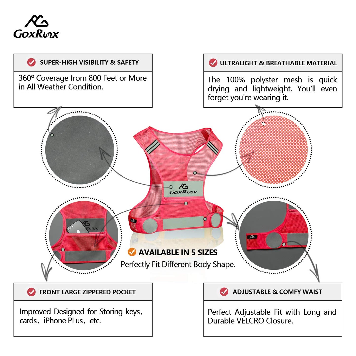 Reflective Vest Running Gear, Lightweight Motorcycle Cycling Reflective Vests with Large Pocket & Adjustable Waist for Women Men Running Safety Vest with Reflective Bands (Pink, Small)