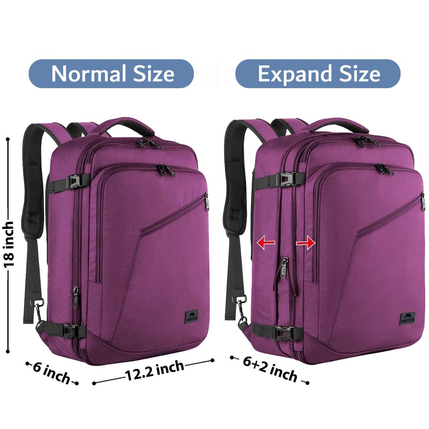 MATEIN Carry on Backpack for Women, 27L Flight Approved Backpack for Teacher Nurse, Fashion Expandable Airline Daypack for Plane, Lightweight Hiking Weekend Back Pack, Traveler Gifts, Purple