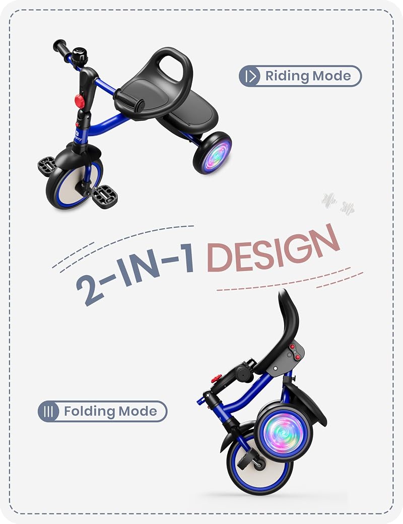 Besrey Blue Flash Wheel Tricycle for Toddlers 18 Months to 5 Years - 2-in-1 Foldable Kids Bike with Bell