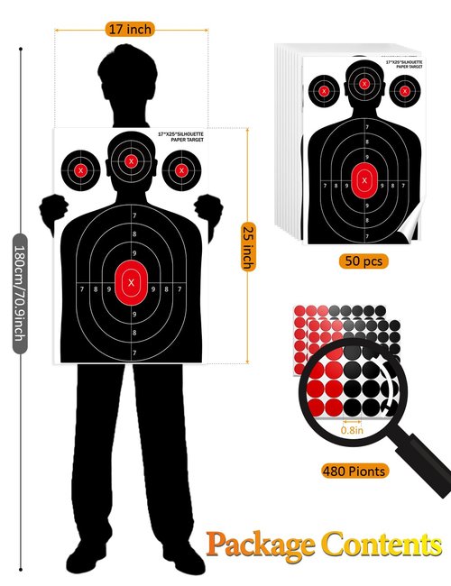 LAKINGO 50 Pack Paper Shooting Targets for Range, 17x25 Inch Silhouette Targets for Indoor/Outdoor Shooting with 480 Stickers, Compatible with Pistol, Rifles, air Gun, and BB Gun Practice
