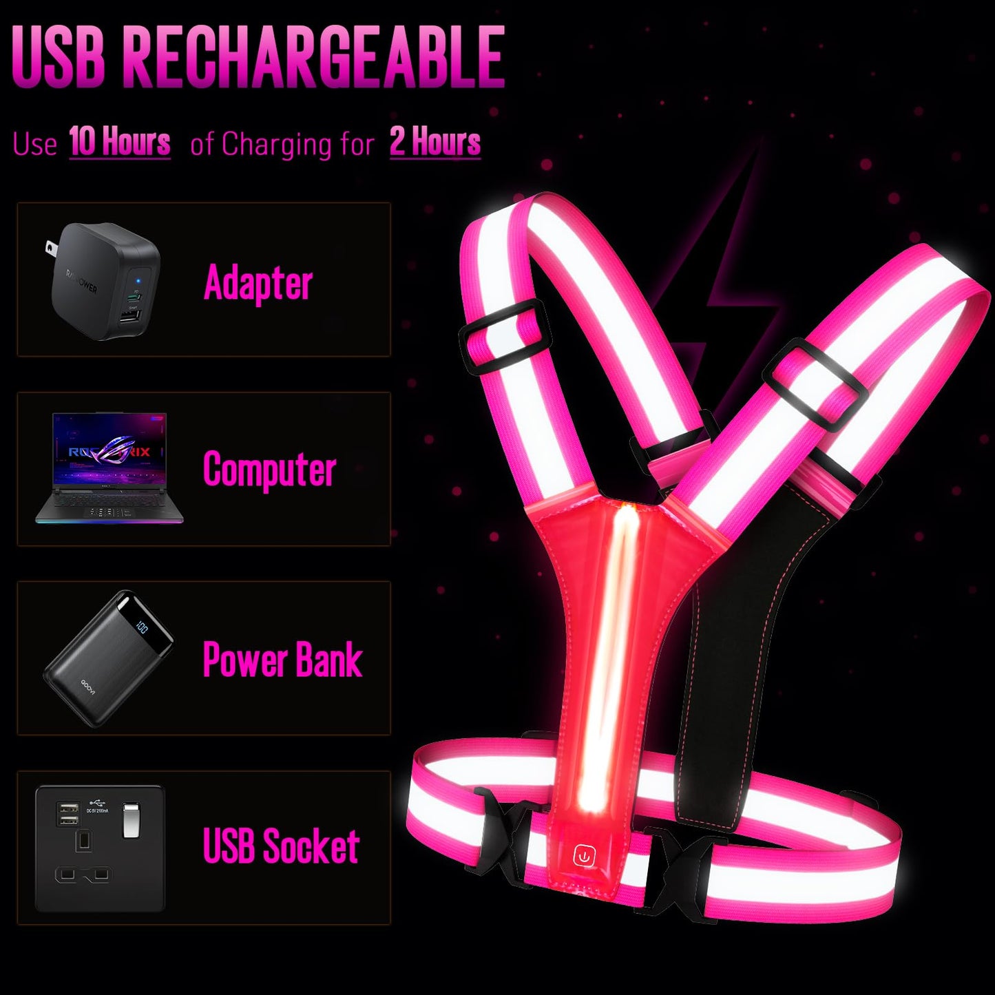 ocuvaep LED Reflective Running Vest Gear, High Visibility Reflective Running Gear, Light Up Running Vest Rechargeable Running Lights for Night Walking Running Cycling