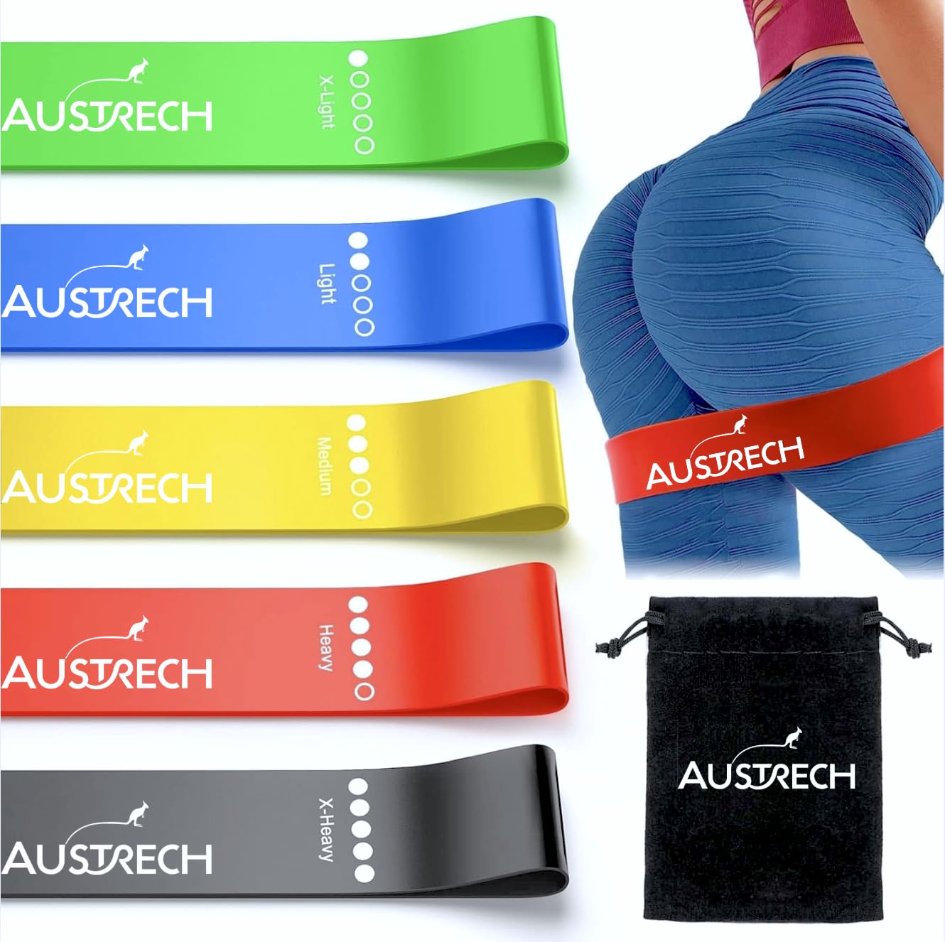 AUSTRECH Exercise Resistance Bands for Working Out Set of 5 for Women and Men, Stretch Bands for Exercise, Physical Therapy, Arms Legs Booty Workout, Stretching, Home Fitness