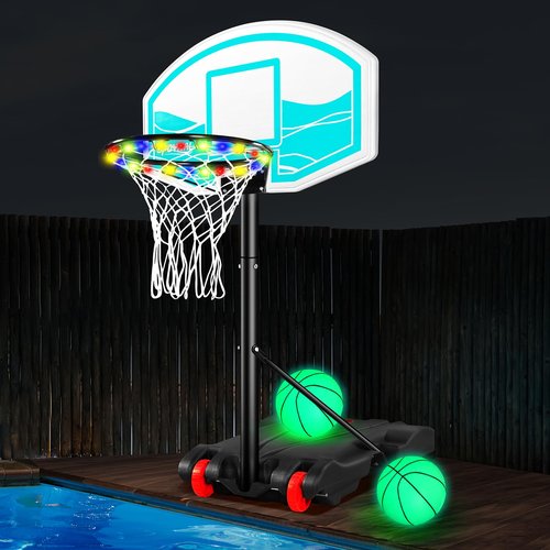Pool Basketball Hoop Adjustable Swimming Pool Basketball - 7- Height Pool Accessories with LED Light, 2 Balls & Pump, Water Basketball Goals System, Portable Basketball Hoop