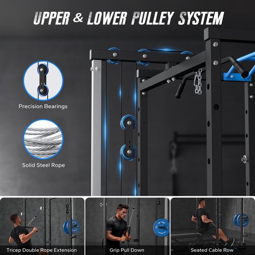 MERACH Power Cage, Multi-Functional Squat Rack for Home Gym with Cable Crossover System, 1600LBS Weight Capacity, Strength Training Equipment with Attachments
