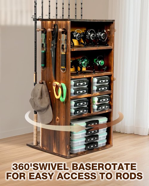 Ghosthorn Fishing Rod Holders for Garage Storage up to 10 Rods or Combos Fishing Pole Holders 360° Rotating Rod Rack Fishing Gear Equipment Tackle Organizer Wood Floor Stand for Men Women