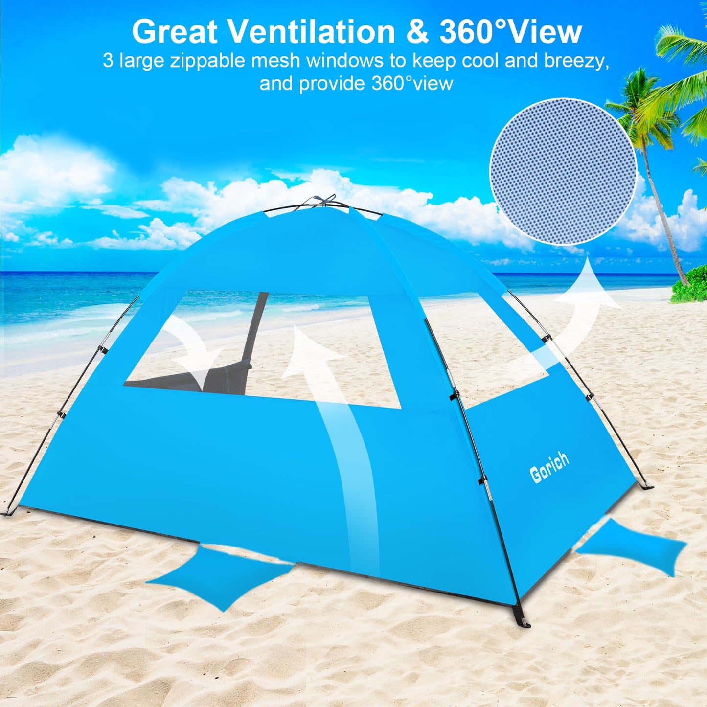 Gorich Beach Tent Sun Shelter for 3/4/6/8/10 Person with UPF 50＋ UV Protection, Lightweight & Easy Setup Beach Shade Canopy, Portable Beach Shade Tent Beach Cabana