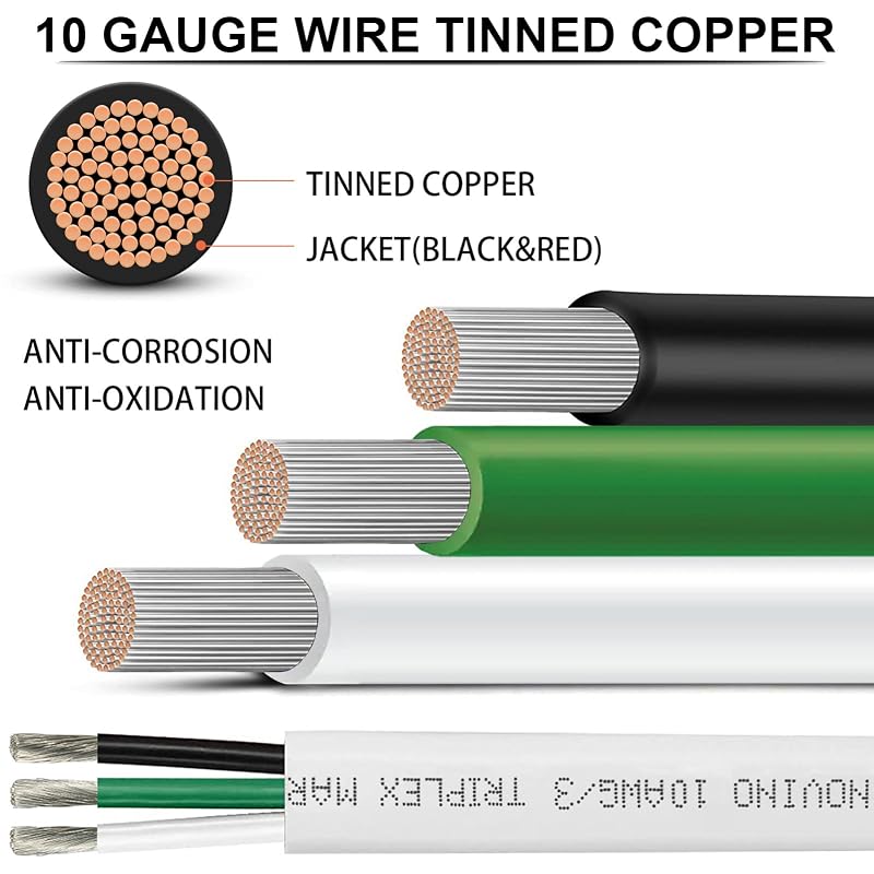 10/3 Marine Grade Wire - 10 AWG Triplex, 20 ft, Tinned Copper, PVC Jacket (Variation: 20 ft+10 gauge)