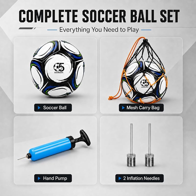 Soccer Ball Size 5 with Pump - Durable Indoor/Outdoor Training Ball, White with Black Panels
