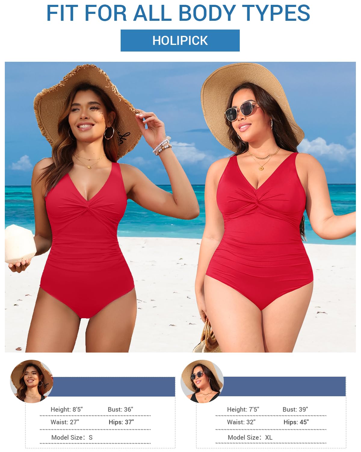 Holipick Red Women Tummy Control One Piece Swimsuit - Push Up Bathing Suit Full Coverage Slimming Swimwear L