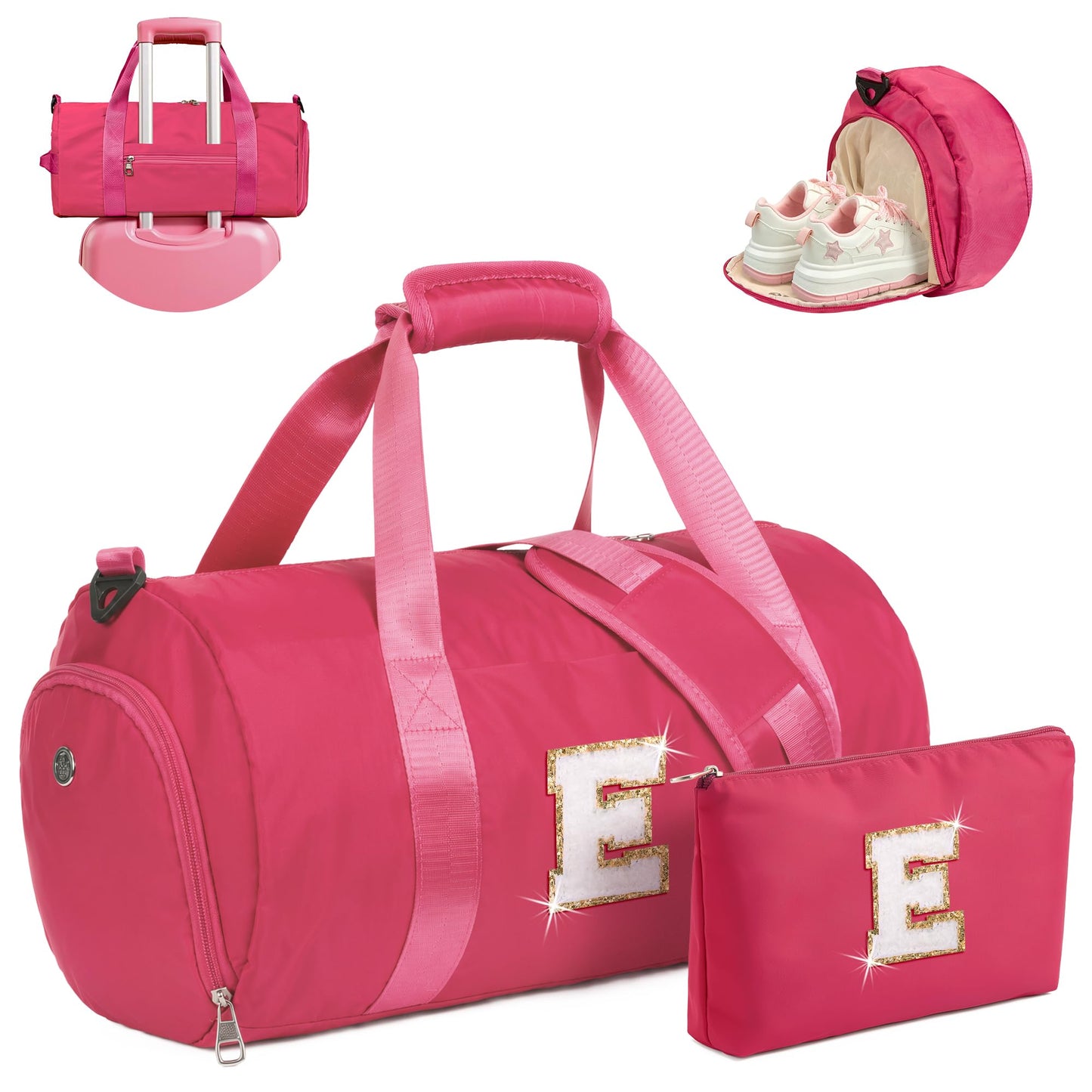 Vogewood Cheer Gifts, Girls Travel Duffle Bag with Makeup Pouch, Initial Kids Overnight Weekend Bag with Shoe Compartment, Personalized Birthday Gift for Daughter (Letter E)