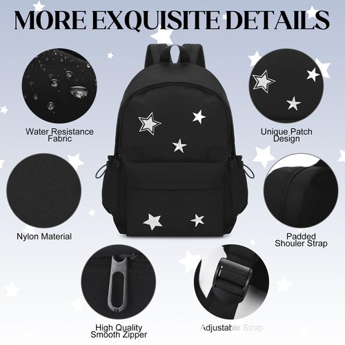 Sunnymove 3 Pcs Cute Y2k Star Backpack Set with Lunch Bag and Pencil Case, Kawaii Aesthetic Canvas Bookbag, Preppy Grunge Trendy Backpack College Casual Day Pack for Women Black