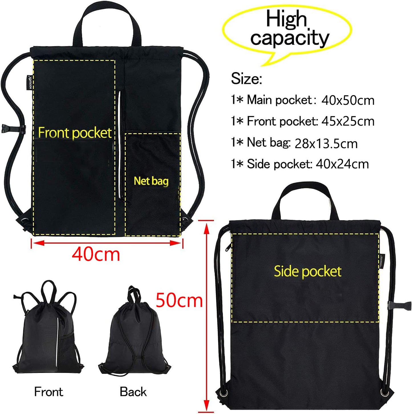 HOLYLUCK Men & Women Outdoor Sport Gym Sack Waterproof Drawstring Backpack Bag (Drawstring With Side Mesh Pocket, Black)