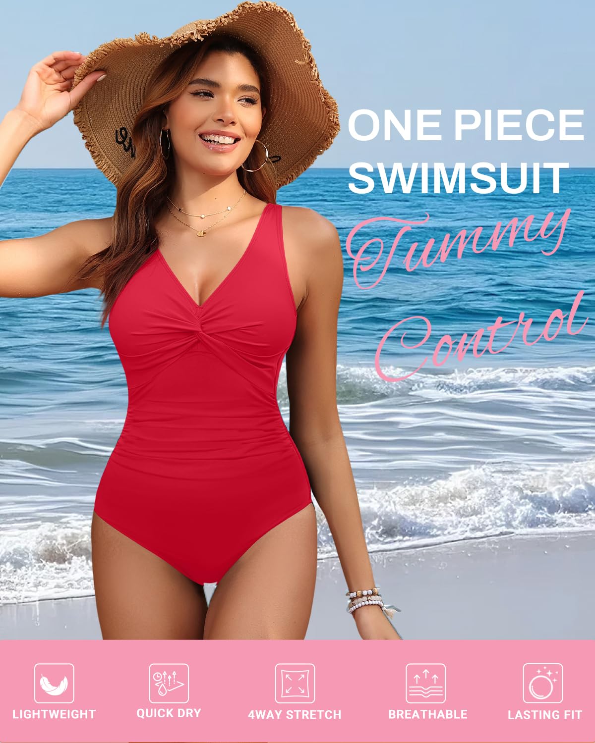 Holipick Red Women Tummy Control One Piece Swimsuit - Push Up Bathing Suit Full Coverage Slimming Swimwear L
